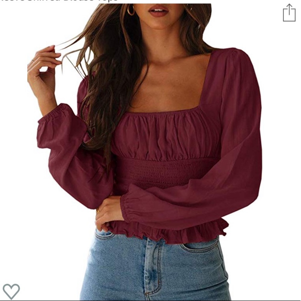 Burgundy top with box neckline and stretch waist
